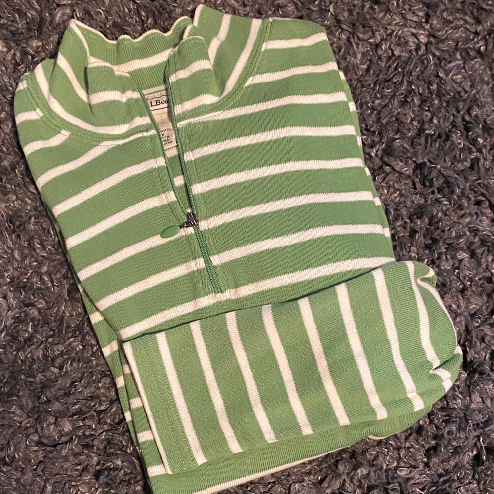 L.L. Bean Mint and White Striped Half-Zip Sweater